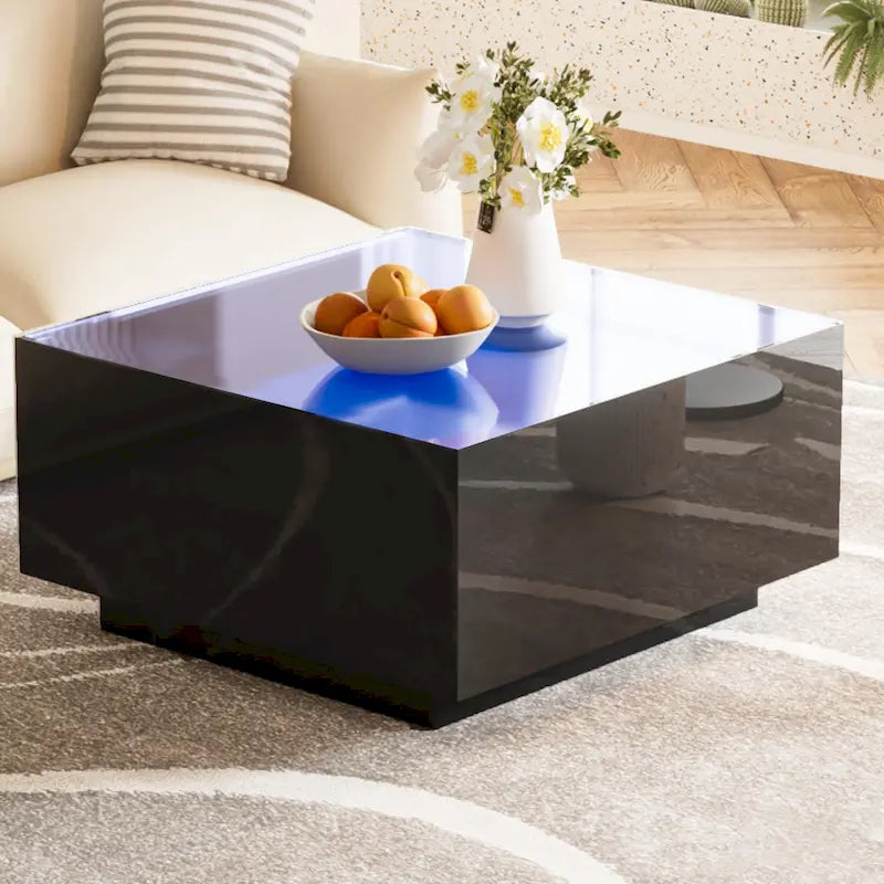 Table basse carrée avec lumières LED et plateau en verre