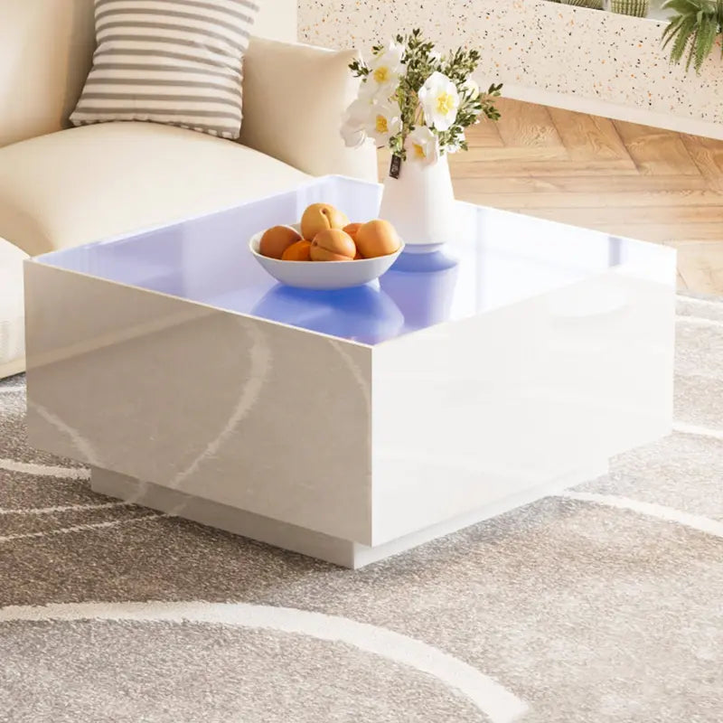 Table basse carrée avec lumières LED et plateau en verre