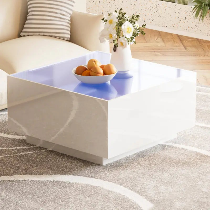 Table basse carrée avec lumières LED et plateau en verre