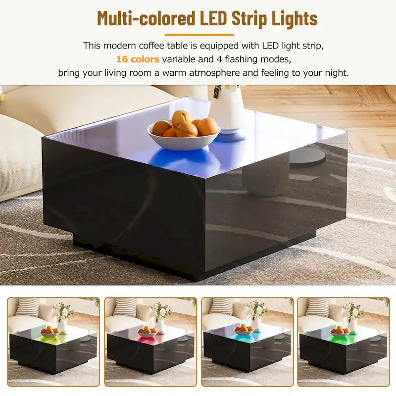 Table basse carrée avec lumières LED et plateau en verre