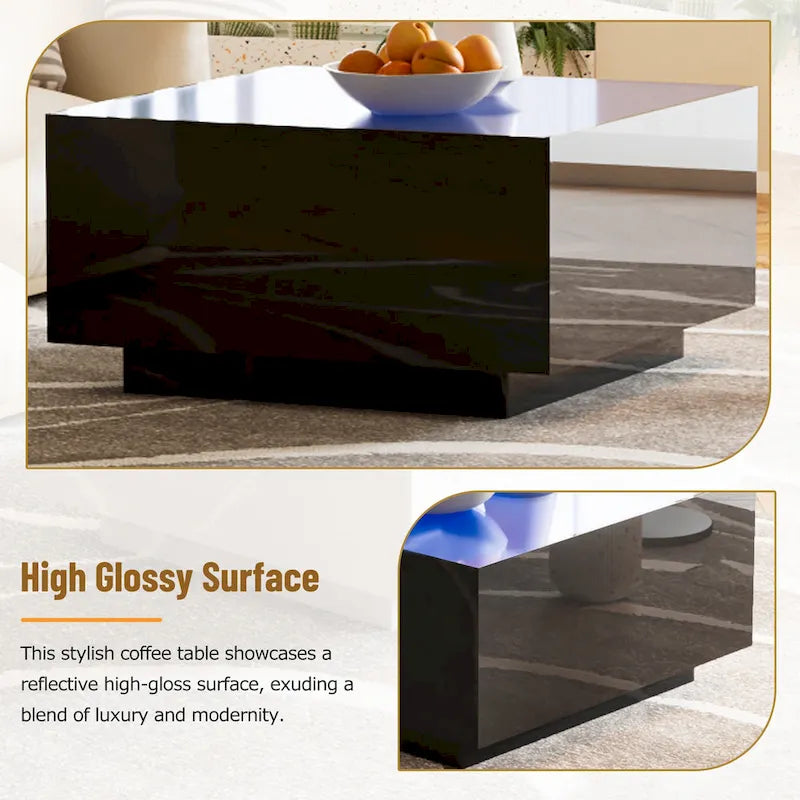 Table basse carrée avec lumières LED et plateau en verre