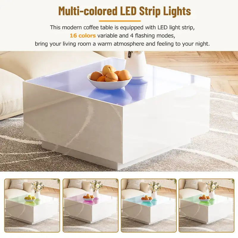 Table basse carrée avec lumières LED et plateau en verre