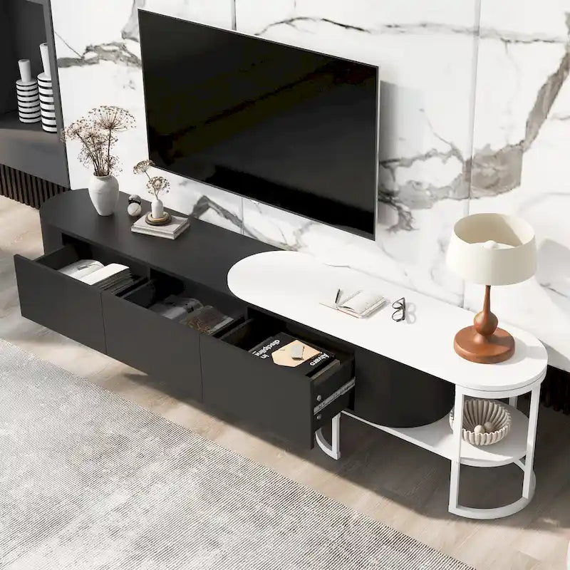 Meuble TV avec 3 tiroirs, largeur réglable et pieds en métal pour téléviseurs jusqu'à 75 pouces