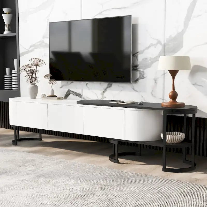 Meuble TV avec 3 tiroirs, largeur réglable et pieds en métal pour téléviseurs jusqu'à 75 pouces