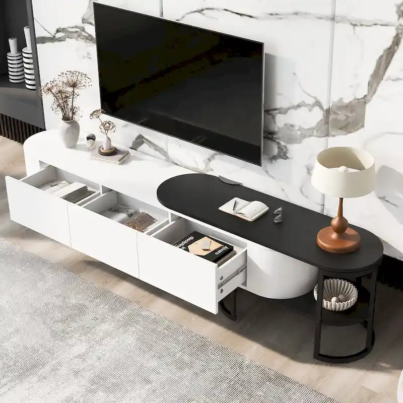 Meuble TV avec 3 tiroirs, largeur réglable et pieds en métal pour téléviseurs jusqu'à 75 pouces
