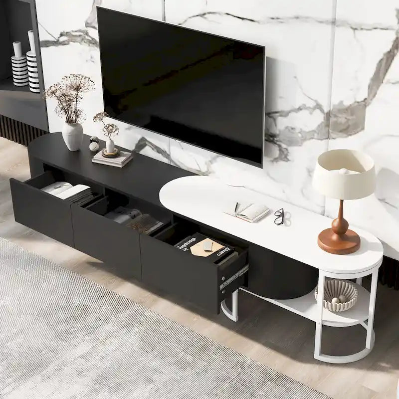 Meuble TV avec 3 tiroirs, largeur réglable et pieds en métal pour téléviseurs jusqu'à 75 pouces