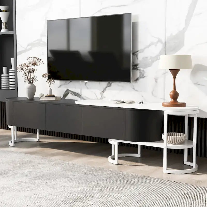 Meuble TV avec 3 tiroirs, largeur réglable et pieds en métal pour téléviseurs jusqu'à 75 pouces