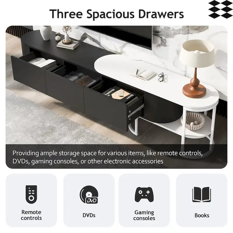 Meuble TV avec 3 tiroirs, largeur réglable et pieds en métal pour téléviseurs jusqu'à 75 pouces