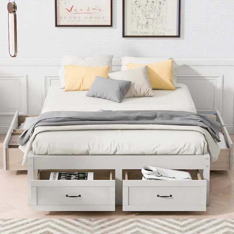 Lit plate-forme double avec 6 tiroirs de rangement, blanc antique