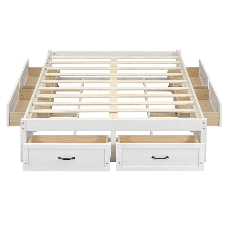 Lit plate-forme double avec 6 tiroirs de rangement, blanc antique