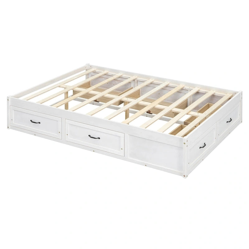 Lit plate-forme double avec 6 tiroirs de rangement, blanc antique