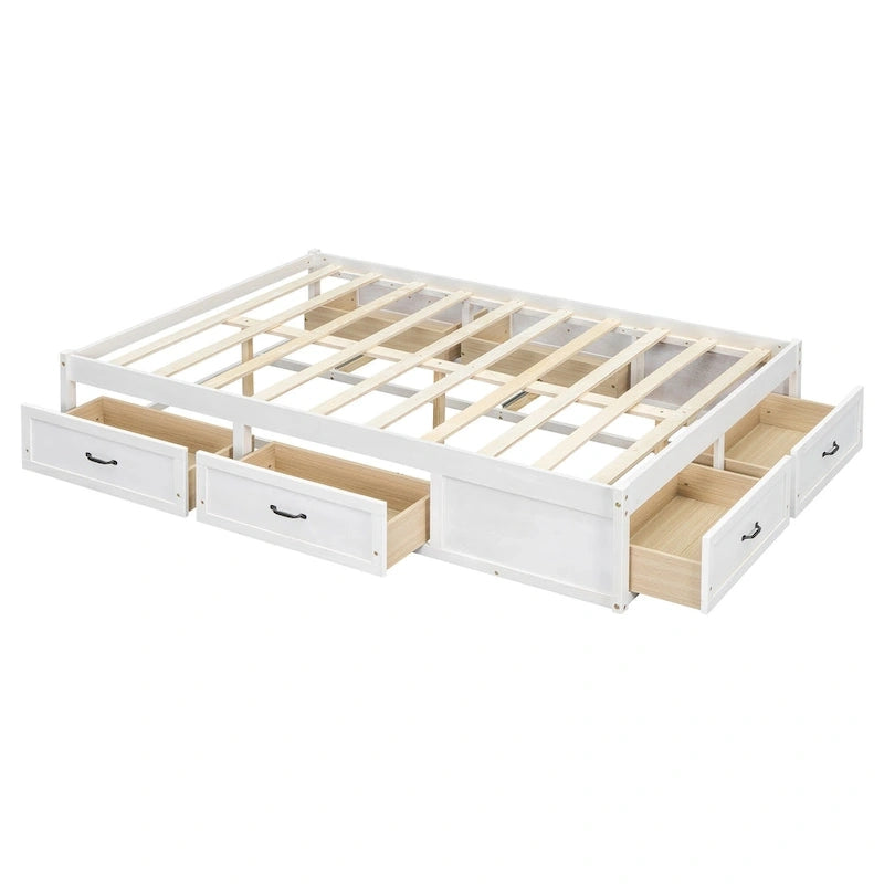 Lit plate-forme double avec 6 tiroirs de rangement, blanc antique