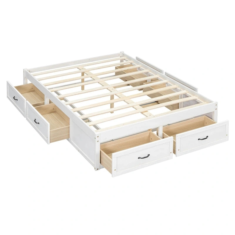 Lit plate-forme double avec 6 tiroirs de rangement, blanc antique