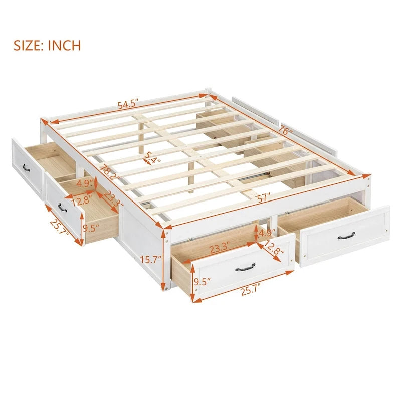 Lit plate-forme double avec 6 tiroirs de rangement, blanc antique