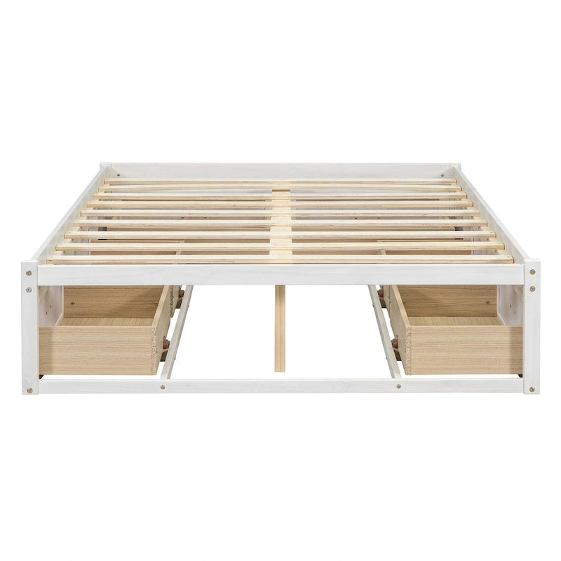 Lit plate-forme double avec 6 tiroirs de rangement, blanc antique