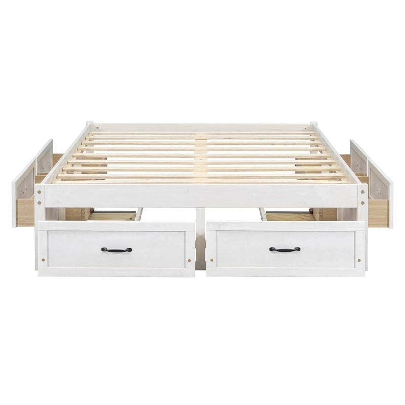 Lit plate-forme double avec 6 tiroirs de rangement, blanc antique