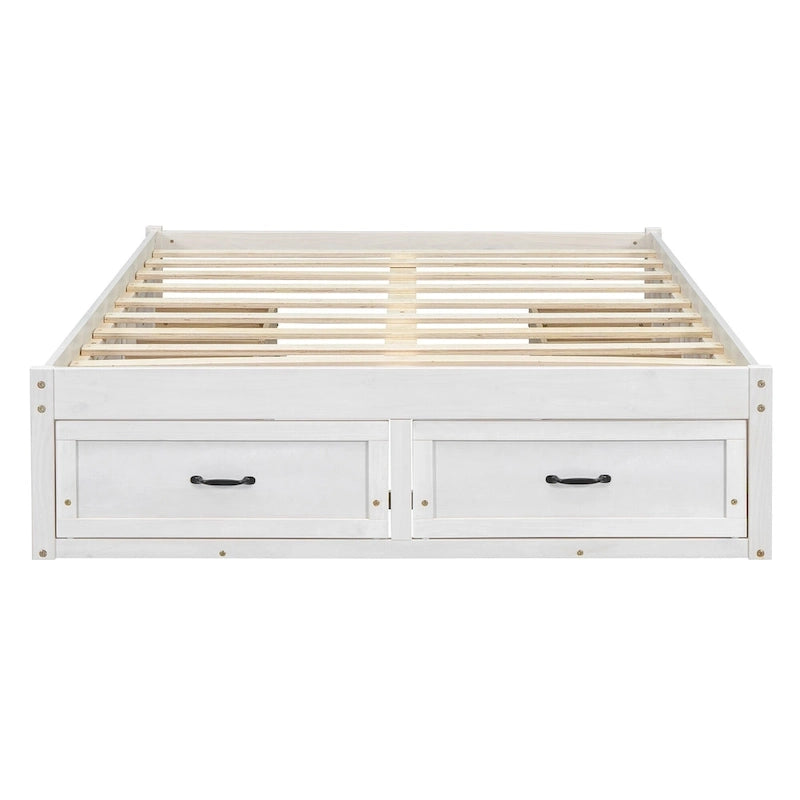 Lit plate-forme double avec 6 tiroirs de rangement, blanc antique