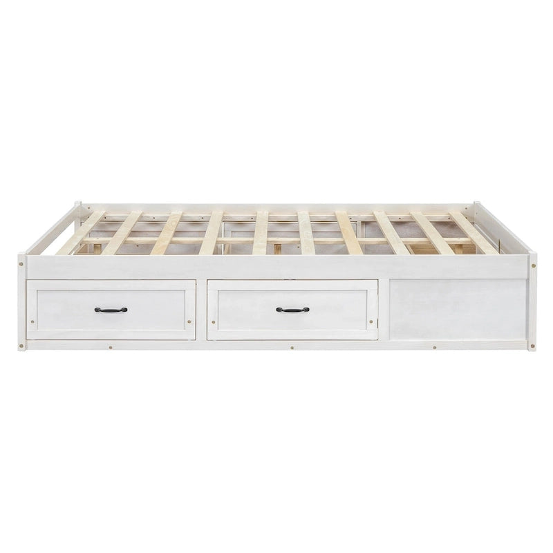 Lit plate-forme double avec 6 tiroirs de rangement, blanc antique