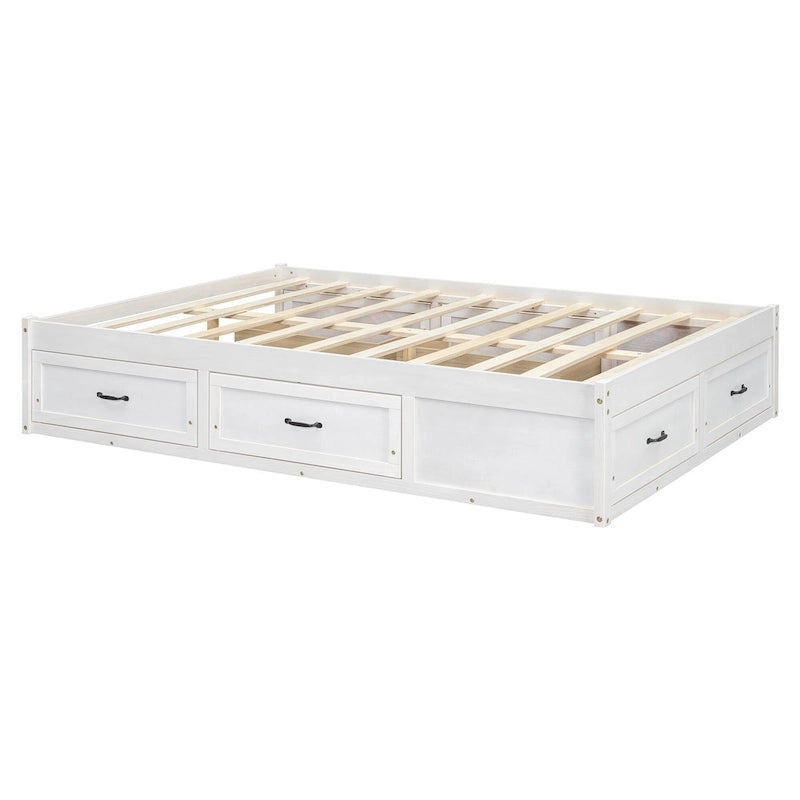Lit plate-forme double avec 6 tiroirs de rangement, blanc antique