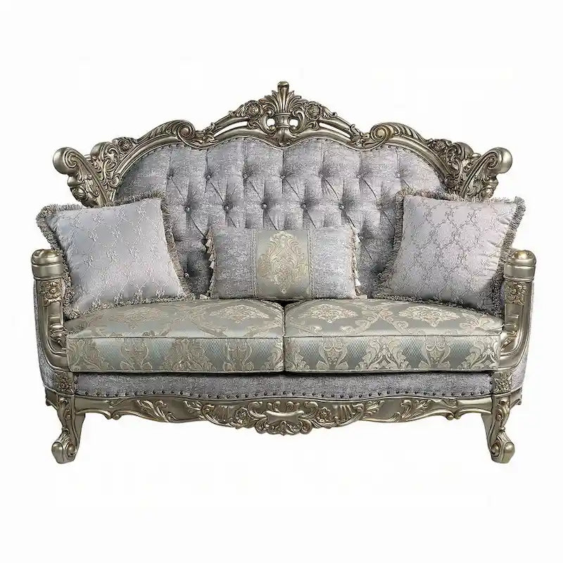 Causeuse traditionnelle avec 3 oreillers, tissu gris, finition bronze antique, 73 pouces