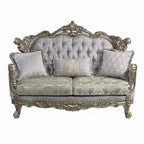 Causeuse traditionnelle avec 3 oreillers, tissu gris, finition bronze antique, 73 pouces