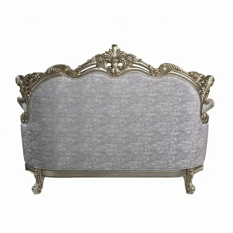 Causeuse traditionnelle avec 3 oreillers, tissu gris, finition bronze antique, 73 pouces
