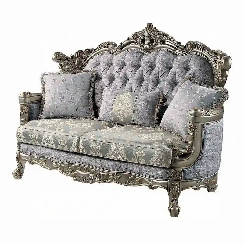 Causeuse traditionnelle avec 3 oreillers, tissu gris, finition bronze antique, 73 pouces
