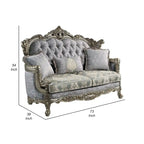 Causeuse traditionnelle avec 3 oreillers, tissu gris, finition bronze antique, 73 pouces
