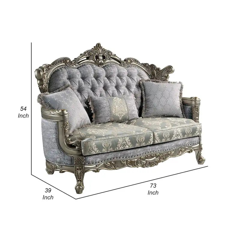 Causeuse traditionnelle avec 3 oreillers, tissu gris, finition bronze antique, 73 pouces
