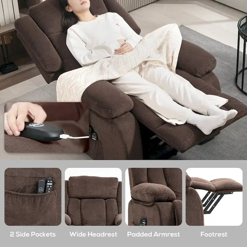 Fauteuil releveur inclinable avec massage et chauffage, fauteuil inclinable en tissu velours avec télécommande