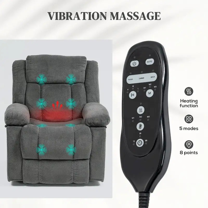 Fauteuil releveur inclinable avec massage et chauffage, fauteuil inclinable en tissu velours avec télécommande