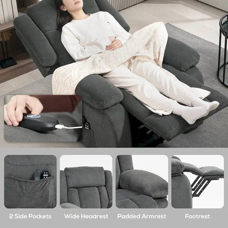 Fauteuil releveur inclinable avec massage et chauffage, fauteuil inclinable en tissu velours avec télécommande