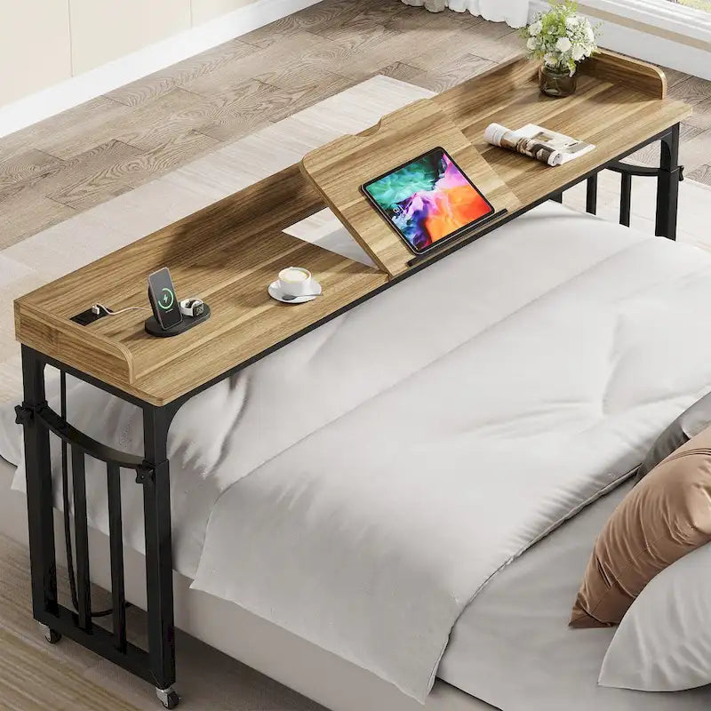 Table de lit réglable en hauteur avec roulettes, plateau inclinable, prises électriques et ports USB