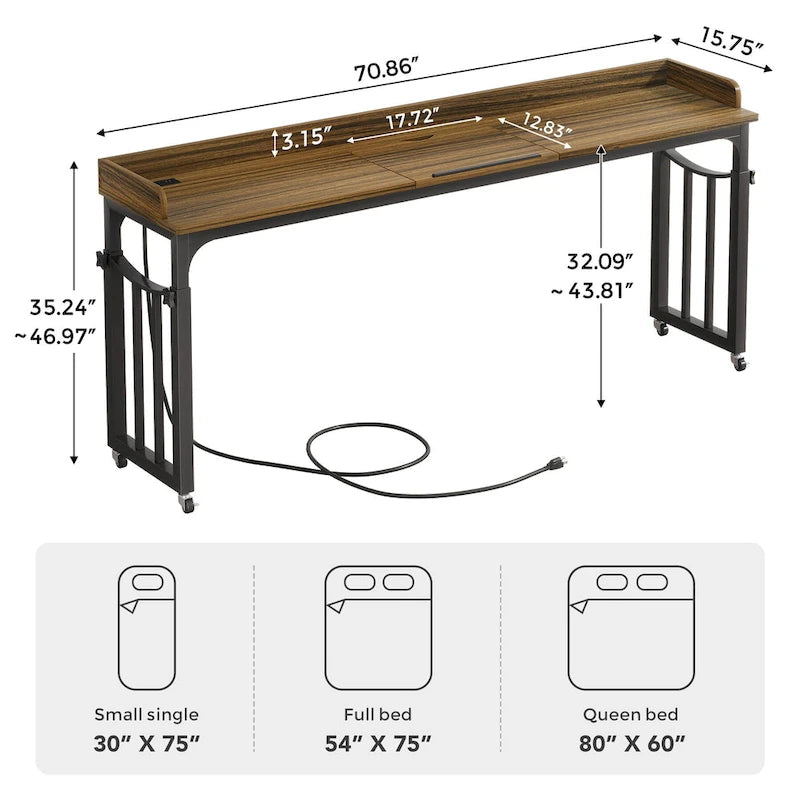 Table de lit réglable en hauteur avec roulettes, plateau inclinable, prises électriques et ports USB