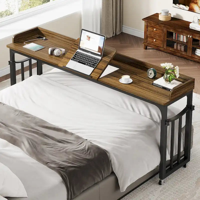 Table de lit réglable en hauteur avec roulettes, plateau inclinable, prises électriques et ports USB