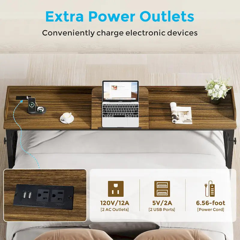 Table de lit réglable en hauteur avec roulettes, plateau inclinable, prises électriques et ports USB