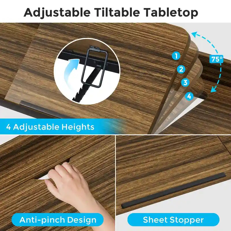 Table de lit réglable en hauteur avec roulettes, plateau inclinable, prises électriques et ports USB