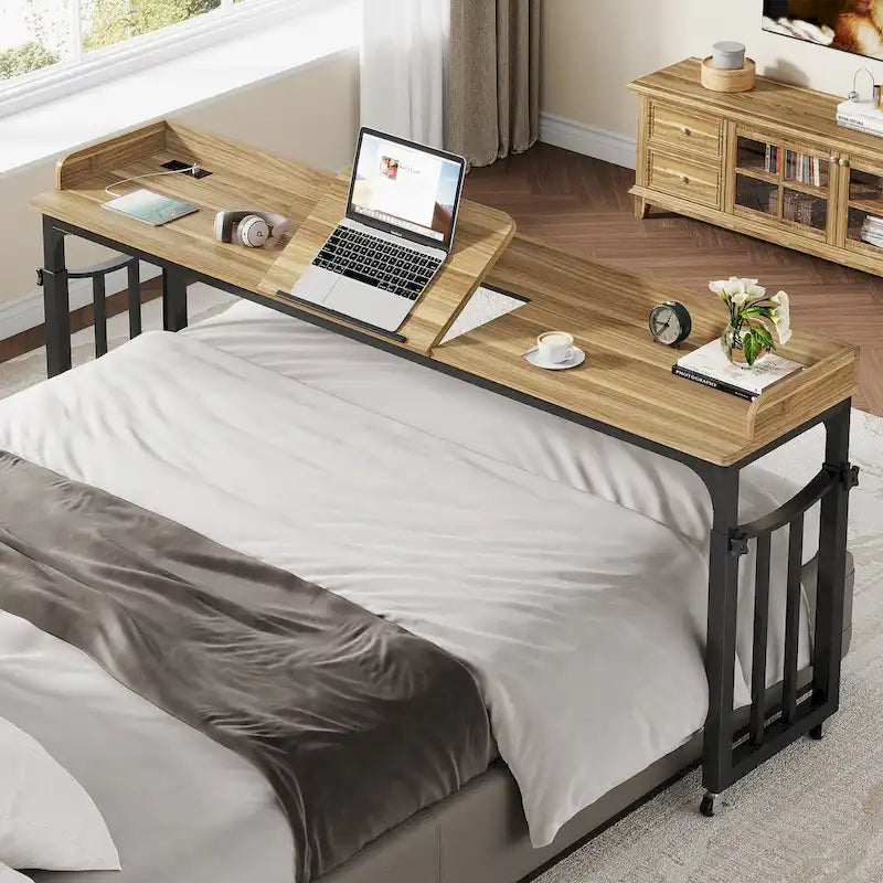 Table de lit réglable en hauteur avec roulettes, plateau inclinable, prises électriques et ports USB