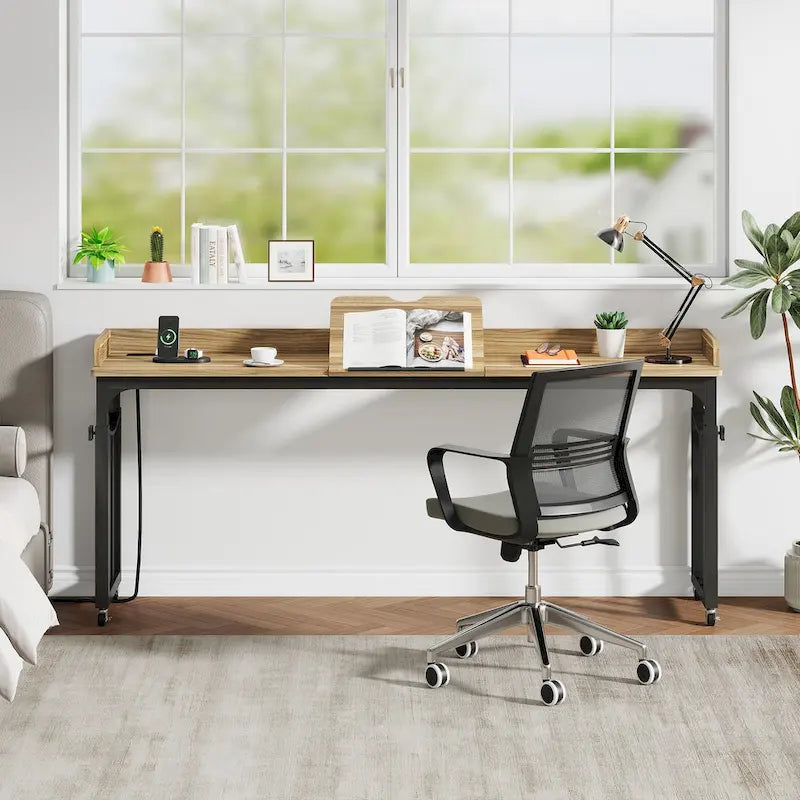 Table de lit réglable en hauteur avec roulettes, plateau inclinable, prises électriques et ports USB