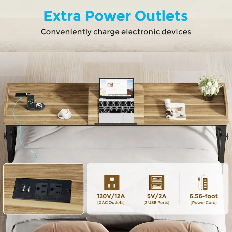 Table de lit réglable en hauteur avec roulettes, plateau inclinable, prises électriques et ports USB
