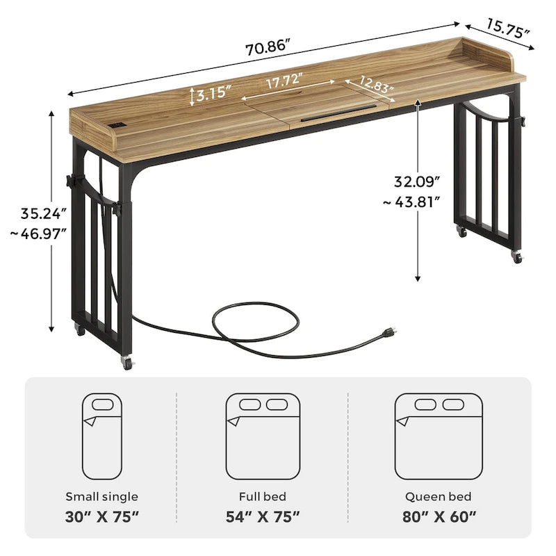 Table de lit réglable en hauteur avec roulettes, plateau inclinable, prises électriques et ports USB