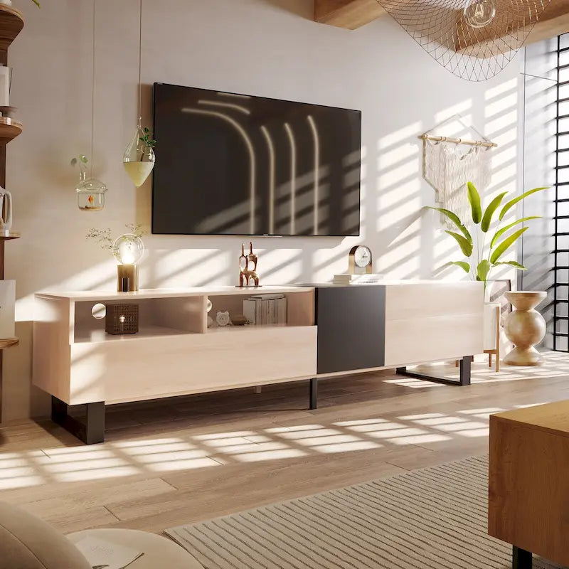 Meuble TV de 180 cm avec porte abattante, tiroirs et étagères ouvertes