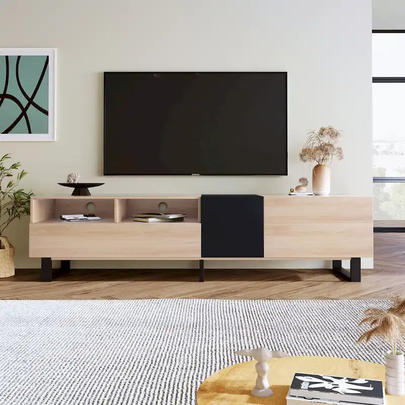 Meuble TV de 180 cm avec porte abattante, tiroirs et étagères ouvertes