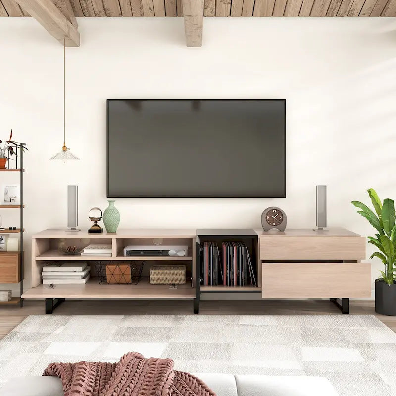 Meuble TV de 180 cm avec porte abattante, tiroirs et étagères ouvertes