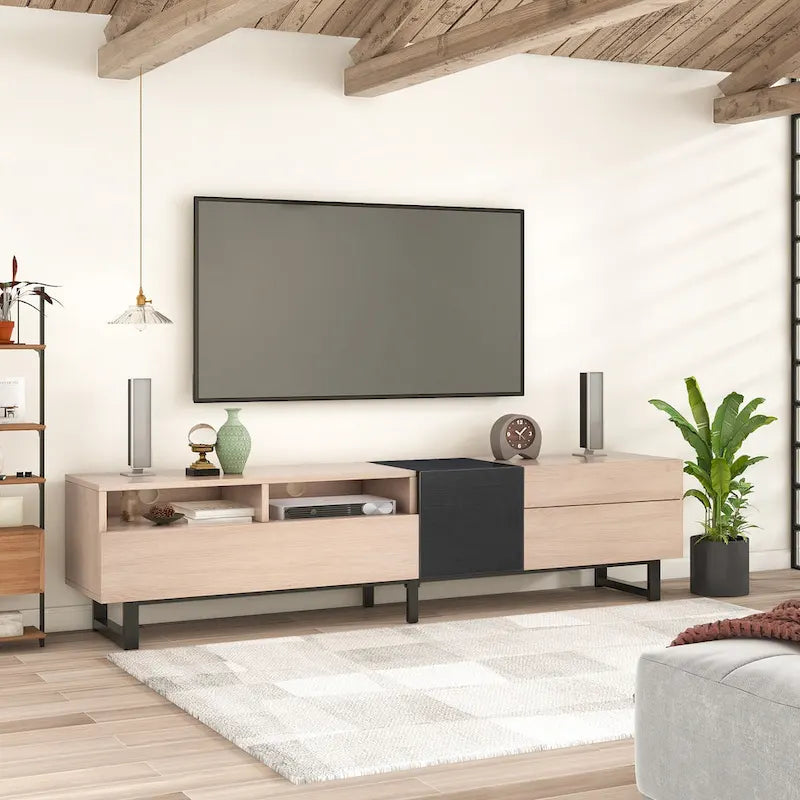 Meuble TV de 180 cm avec porte abattante, tiroirs et étagères ouvertes