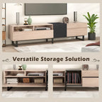 Meuble TV de 180 cm avec porte abattante, tiroirs et étagères ouvertes