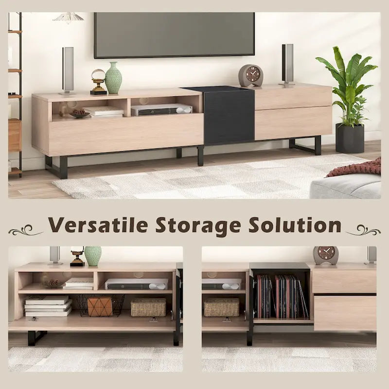 Meuble TV de 180 cm avec porte abattante, tiroirs et étagères ouvertes