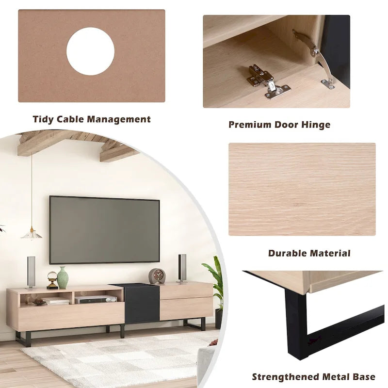 Meuble TV de 180 cm avec porte abattante, tiroirs et étagères ouvertes