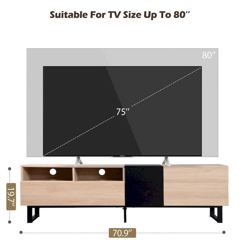 Meuble TV de 180 cm avec porte abattante, tiroirs et étagères ouvertes