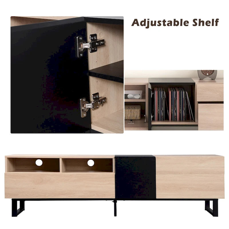 Meuble TV de 180 cm avec porte abattante, tiroirs et étagères ouvertes